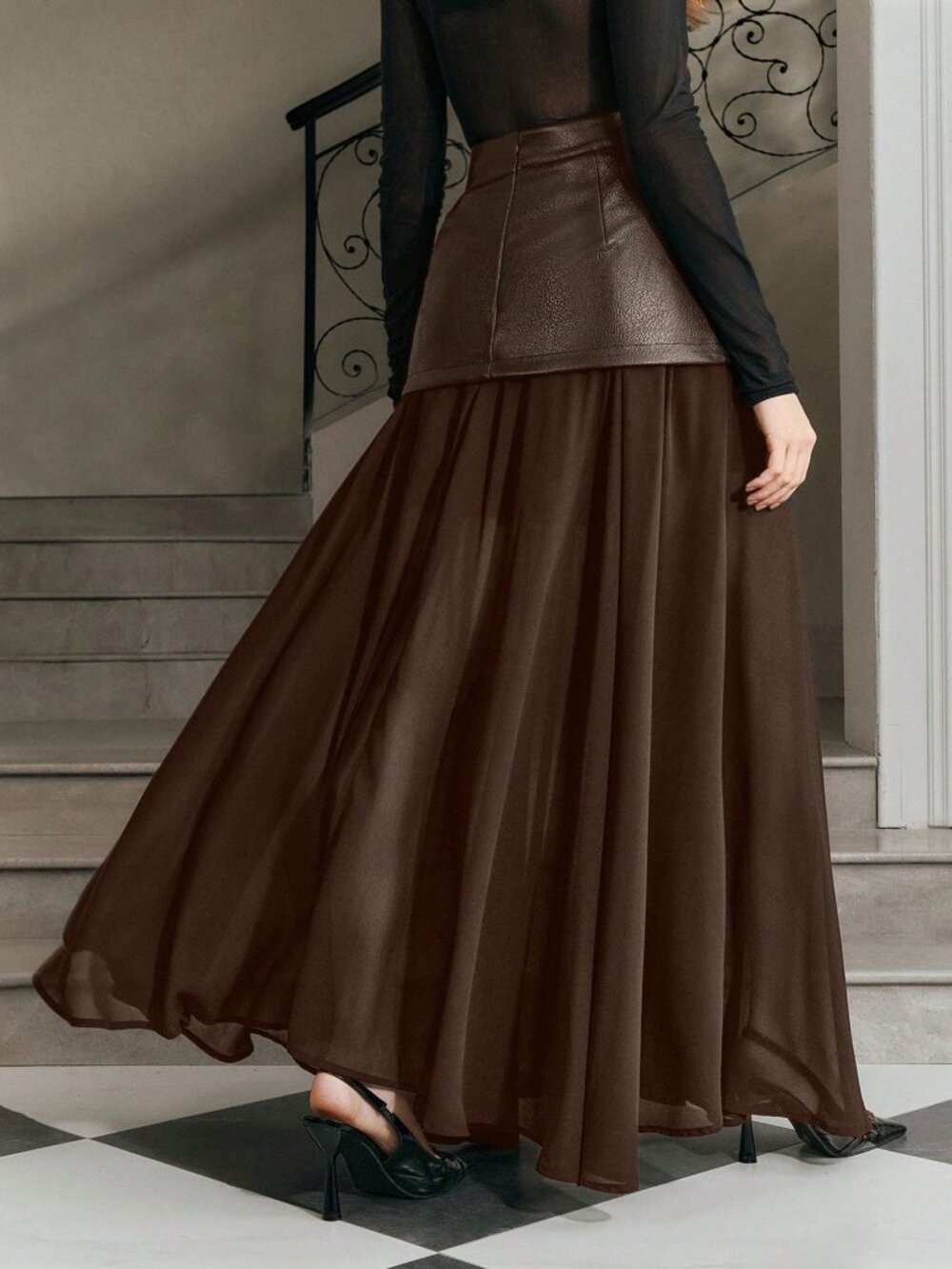 Rust Brown Casual Women's Chiffon Patchwork Double Belt Maxi Skirt - Picture 2 of 7